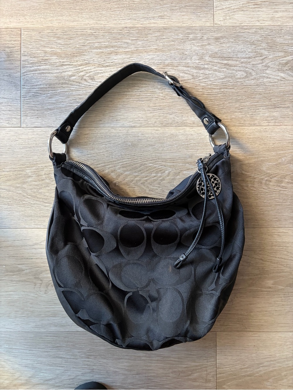 Coach Black Logo-Print Hobo Bag with Leather Trim